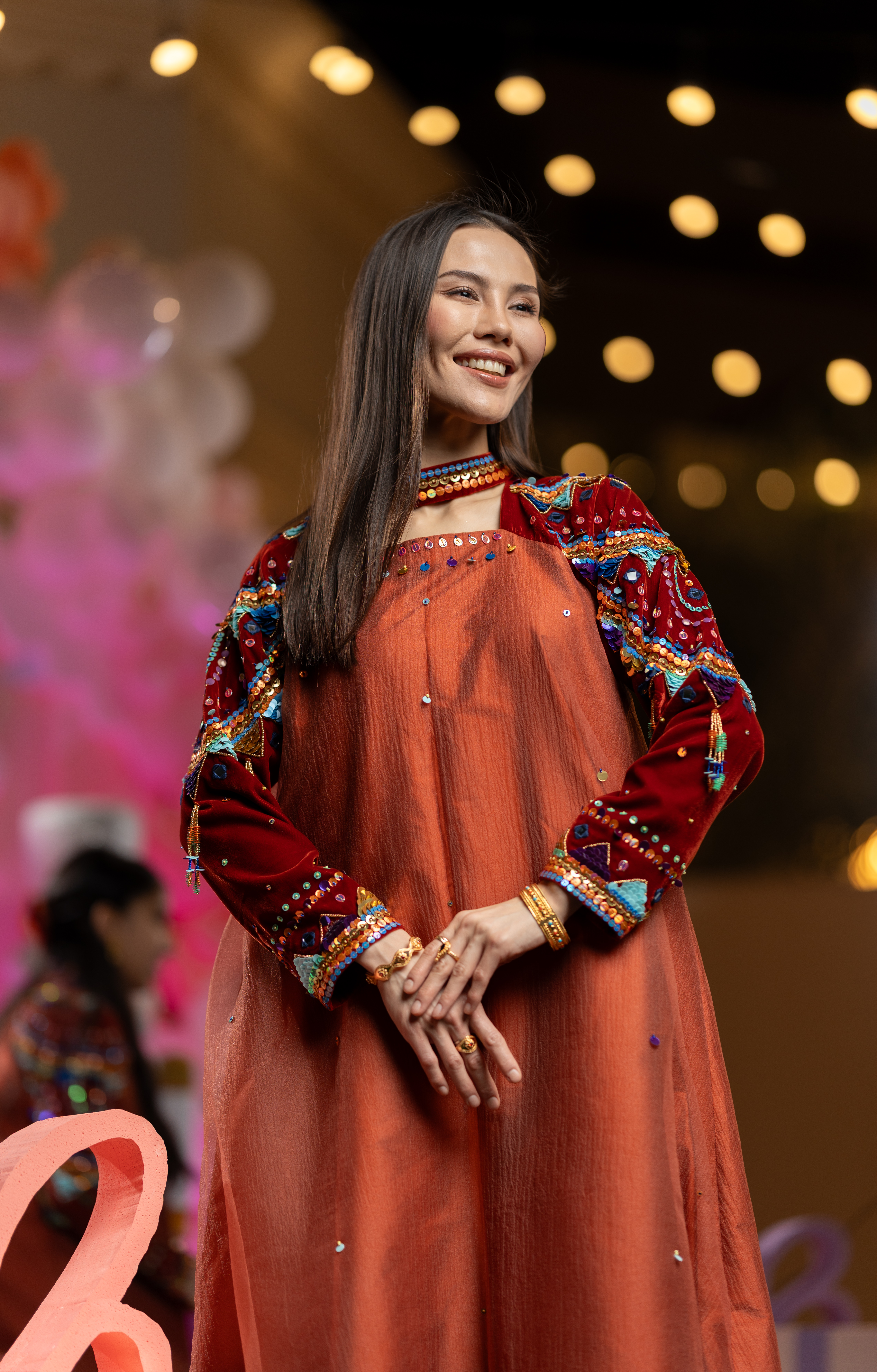 Dark Orange with multicolors handwork - Kids